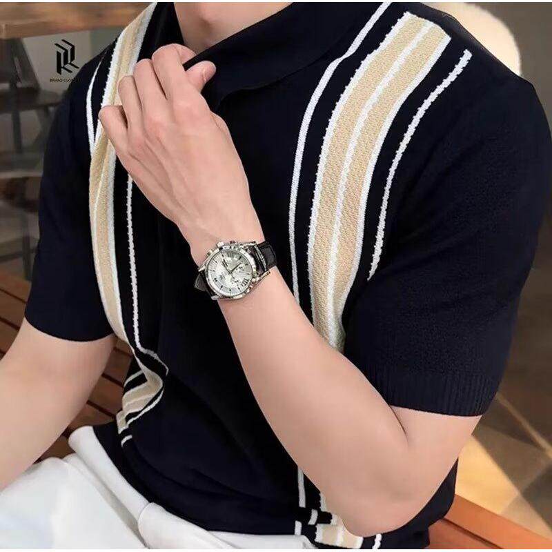 1506/QB2990/P49撞色条纹翻领POLO衫男高品质冰丝针织短袖t恤,男装T恤,星座1506