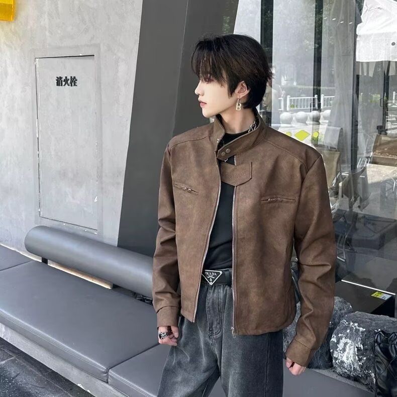 1506/QWT930/P66美式短款垫肩机车服立领皮衣外套男装,男装皮衣,星座1506