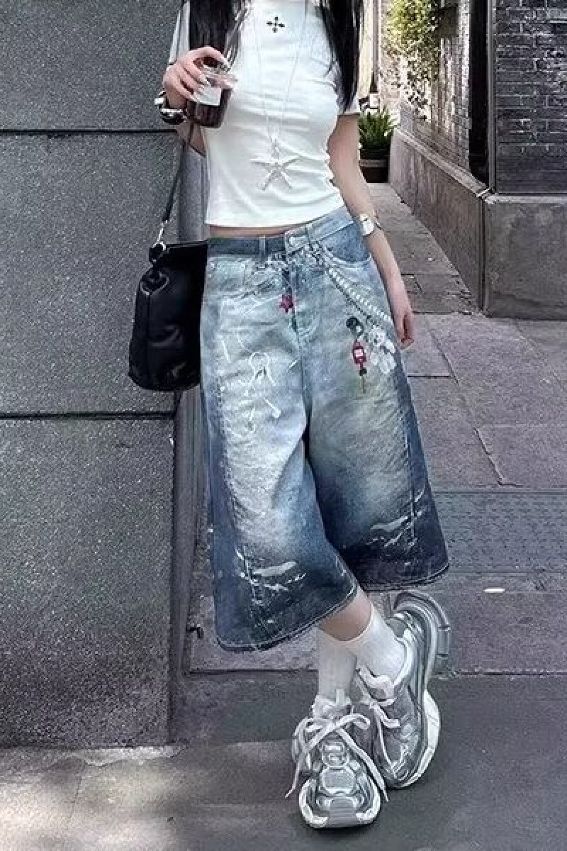 1506/QB1610/P54美式3D打印挂链七分牛仔裤男女宽松阔腿中短裤,男装牛仔裤,星座1506