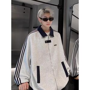 1506/Q83000/P52春秋重磅三条杠开衫卫衣潮牌翻领棒球服外套1图片