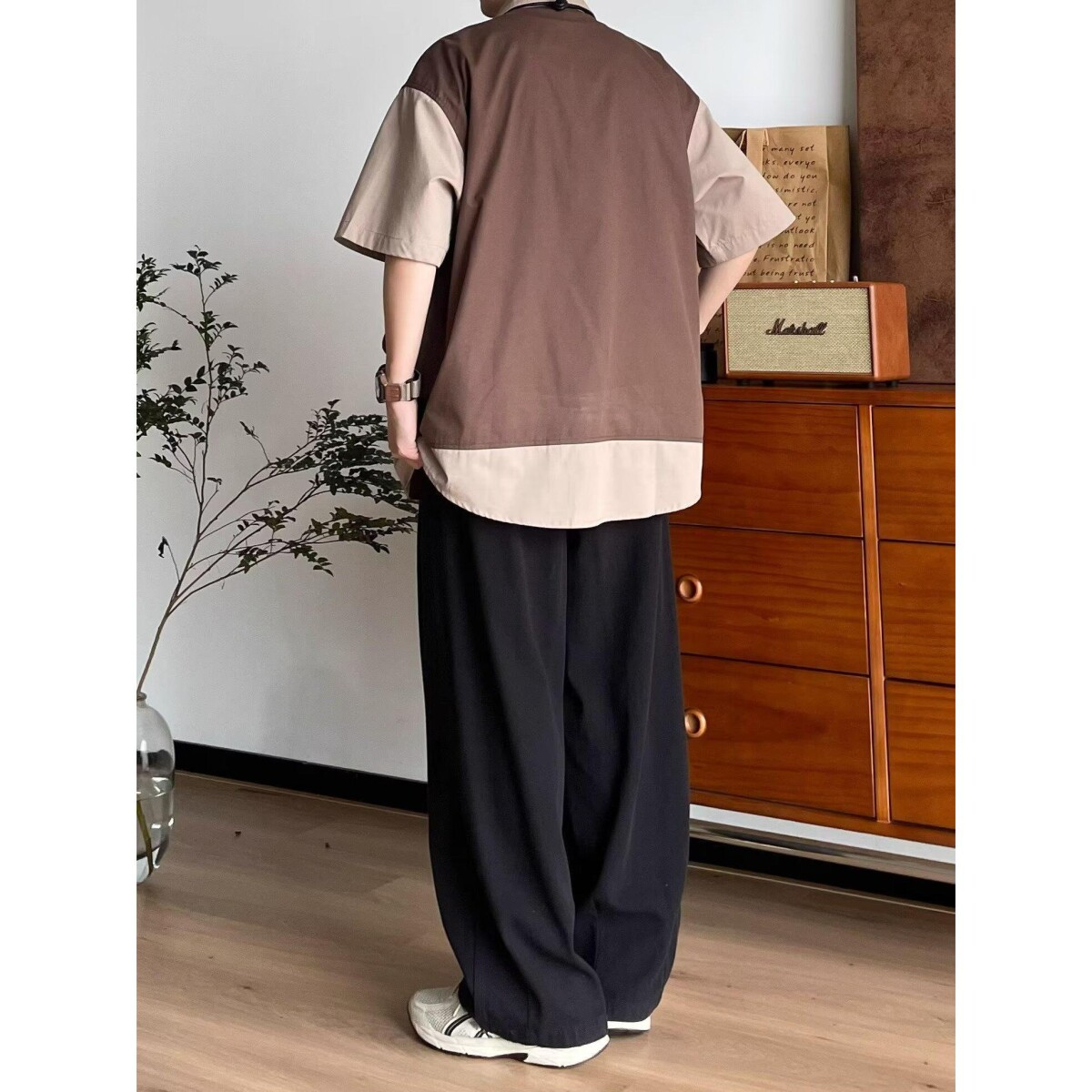 1506/QJ390/P46日系男复古撞色拼接假两件工装短袖衬衫男女衬衣,男装T恤,星座1506