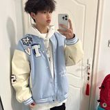 1506/QJK0180/P66毛呢拼皮面料毛巾刺绣蓝杏色2025年小众夹克，男装夹克，星座1506