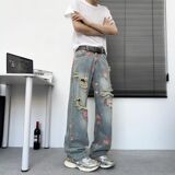 美式高街花卉破洞牛仔裤男痞帅高级感显瘦裤子cleanfit直筒微喇裤，男装牛仔裤，星座1506