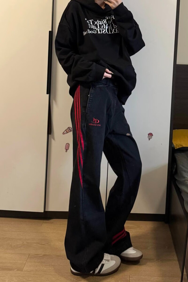 1506/Q77880/P43新款春秋阔腿直筒裤条纹运动裤1,女装休闲裤,星座1506