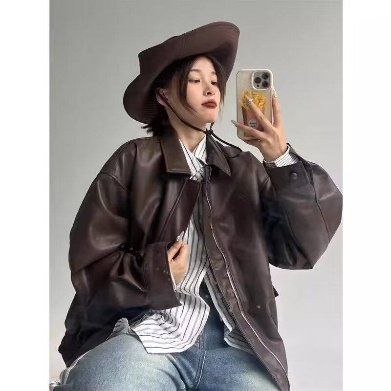 1506/QY020/P59皮衣女秋翻领休闲长袖宽松短外套机车服pu皮夹克1,女装皮衣,星座1506