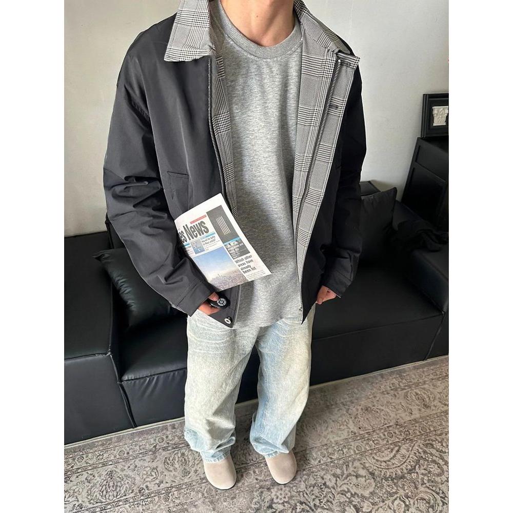 1506/Q68180/P62格纹撞色拼接夹克上衣男女秋休闲情侣工装外套,男装夹克,星座1506