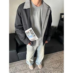 1506/Q68180/P62格纹撞色拼接夹克上衣男女秋休闲情侣工装外套图片