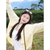 1506/QACS090/P41条纹衬衫女刺绣黄色衬衣宽松防晒外套多巴胺，女装衬衫，星座1506