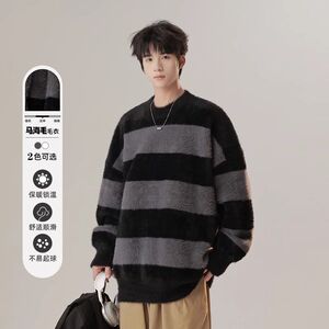 1506/QM010/P55棉致毛衣男秋冬季条纹情侣高级慵懒马海毛针织衫2图片