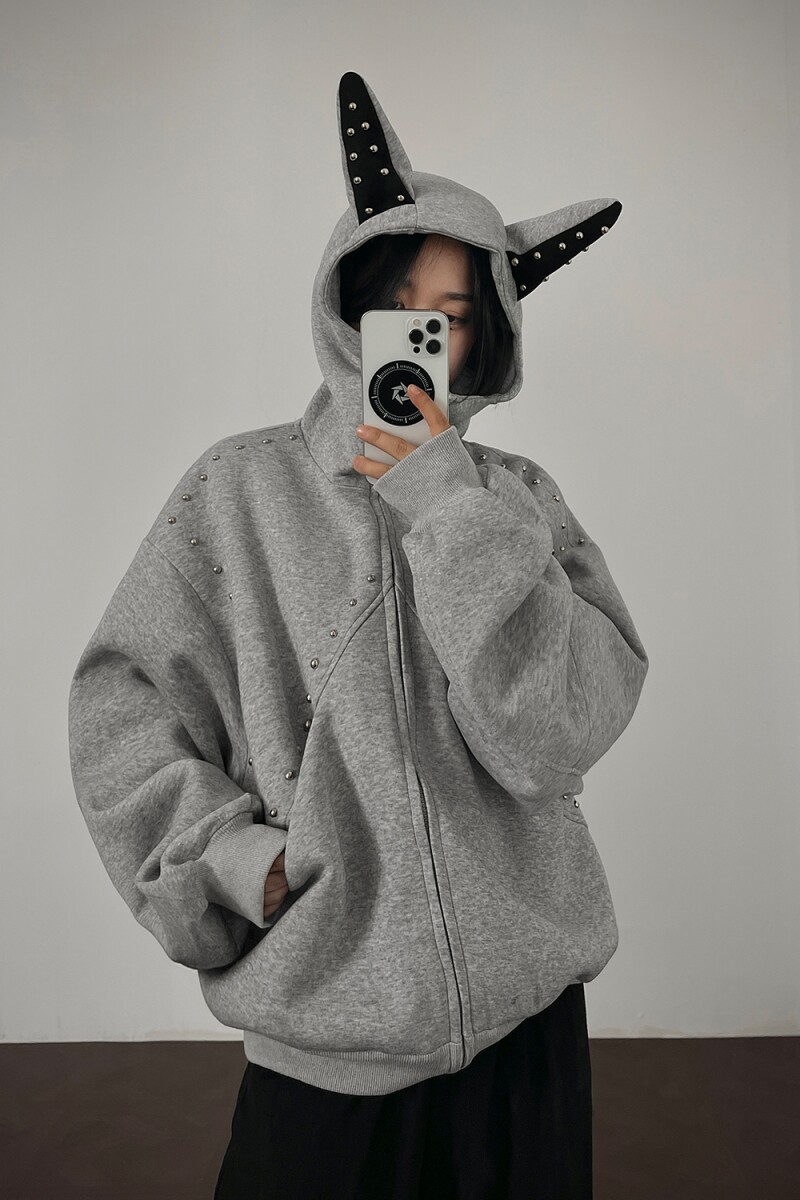 1506/Q10670/P69华棉拼接铆钉杜宾犬耳朵2025年潮流嘻哈卫衣男女2,男装卫衣,星座1506