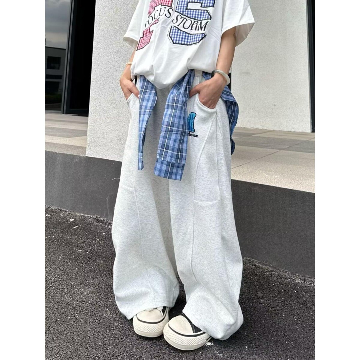 1506/QA80760/P55拼接格子裙摆结构设计卫裤男女美式复古裤2,男装休闲裤,星座1506
