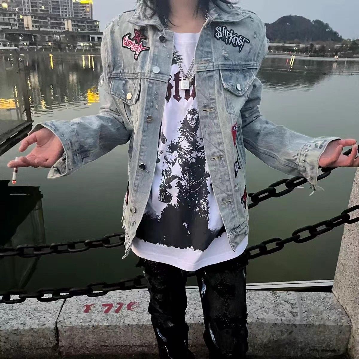 1506/Q【8887】夹克山庄0/P79欧美高街勋章背杀牛仔夹克外套男,男装夹克,星座1506
