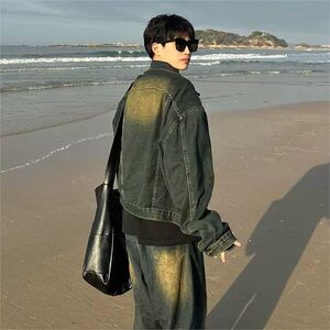1506/Q274/P52美式复古牛仔夹克水洗做旧潮牌日系高街慵懒痞帅男图片