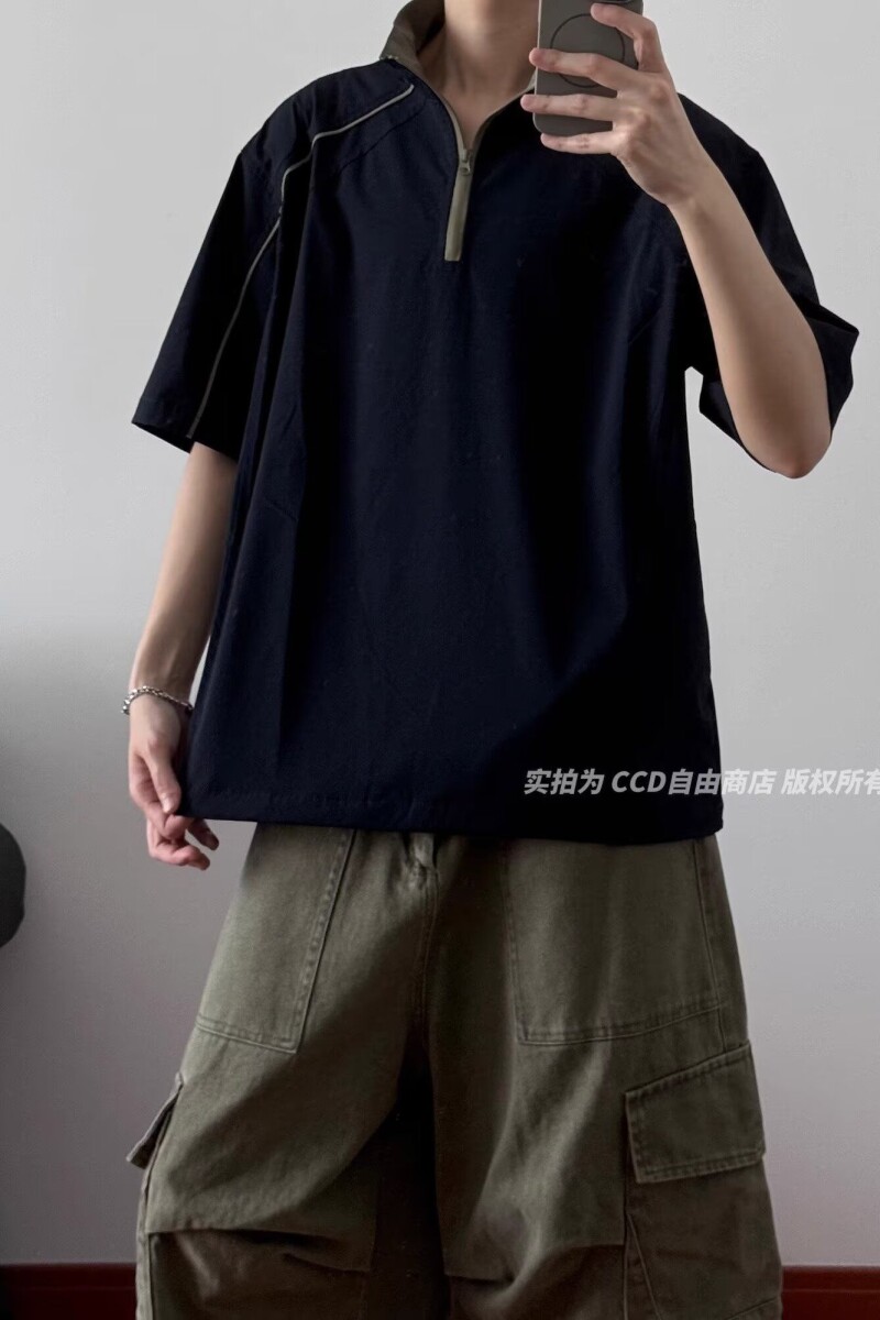 1506/Q330/P37美式连帽半拉链T恤男短袖夏季宽松潮牌高街半袖体恤,男装T恤,星座1506