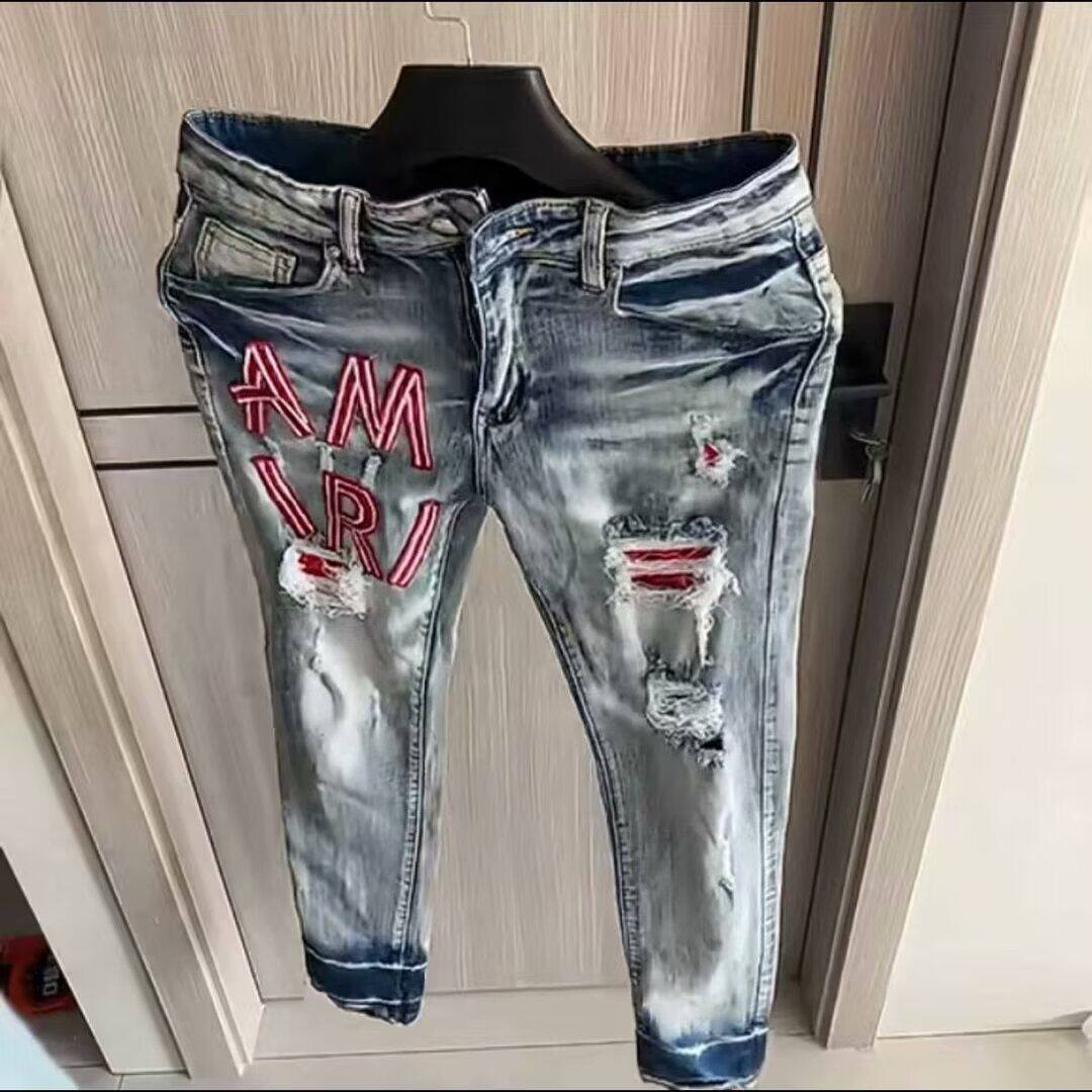1506/Q80450/P48字母刺绣牛仔裤男潮牌破洞修身小脚裤,男装牛仔裤,星座1506