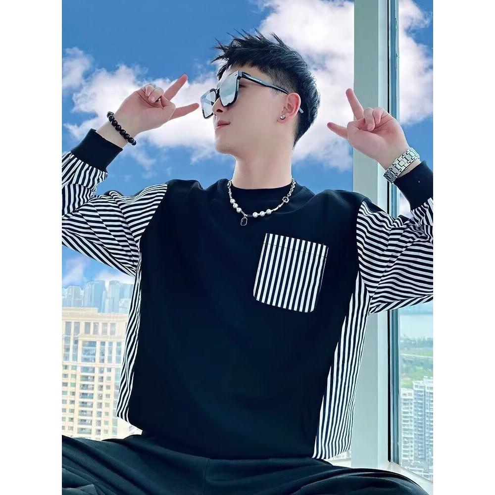 1506/QA0130/P38条纹拼接卫衣男年春秋季韩版新款圆领宽松上衣,男装卫衣,星座1506