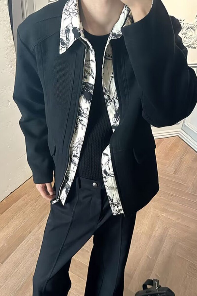 1506/QJ470/P76高级花里假两件衬衫拉链夹克上衣外套复古男,男装夹克,星座1506