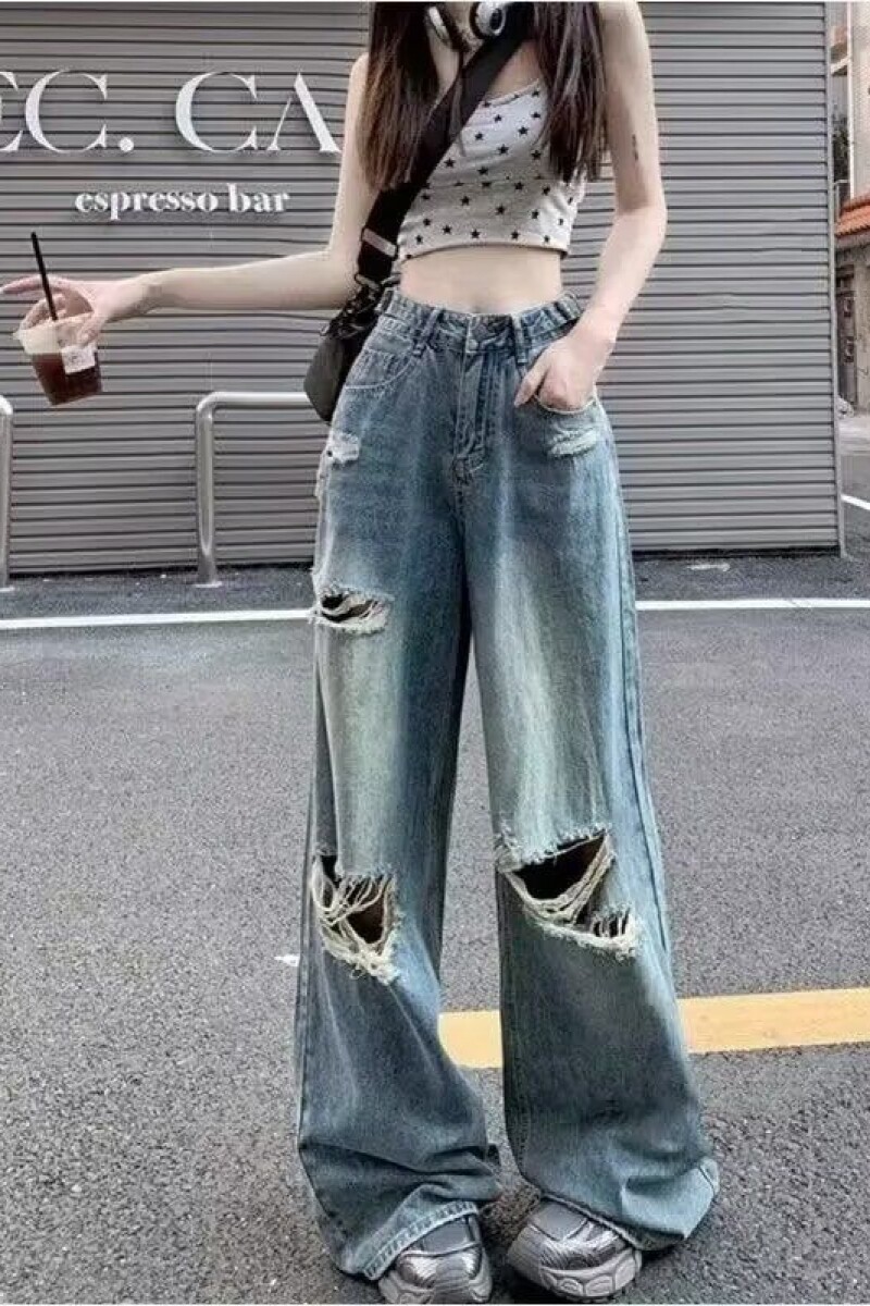 1506/Q302/P45复古破洞牛仔裤女夏高腰大码胖MM宽松拖地长裤子,男装牛仔裤,星座1506