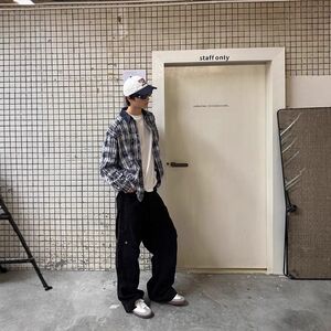 1506/QJ050/P48春秋季灯芯绒领口拼接美式复古做旧长袖衬衫2图片