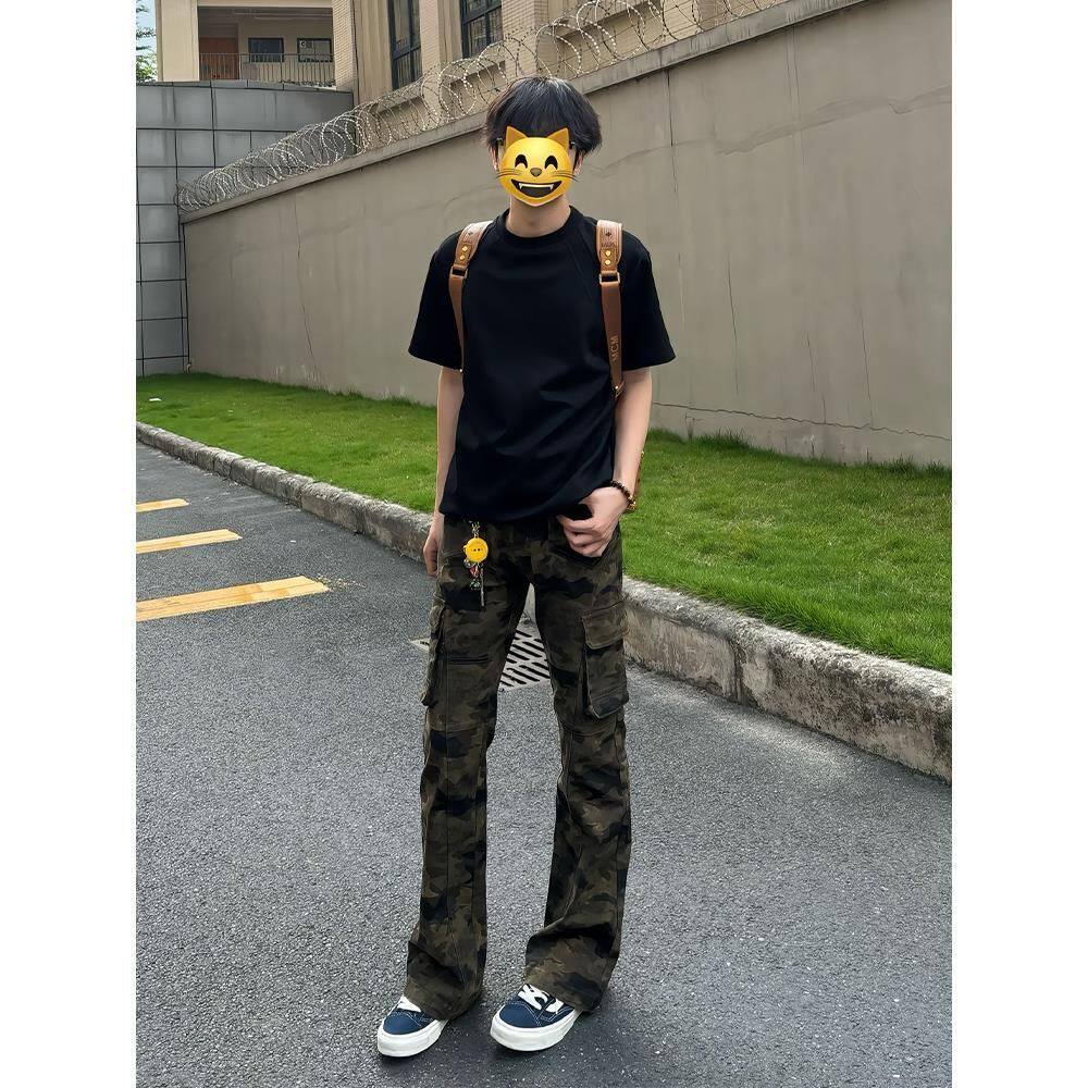 美式高街迷彩牛仔裤男款夏季薄款工装裤子修身窄版休闲直筒微喇裤,男装工装外套,星座1506
