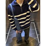 1506/Q5070/P50冬季高级感横条纹简约立领毛衣潮流宽松情侣款情侣，男装针织衫/毛衣，星座1506
