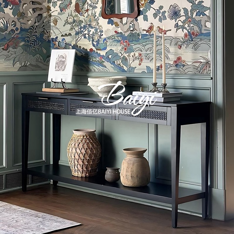 美式乡村原木玄关桌复古实木玄关台过道客厅条几靠墙装饰长桌边桌