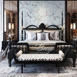 法式 乡村1.8米藤床主卧黑色双人床高端大气婚床 复古床实木床美式