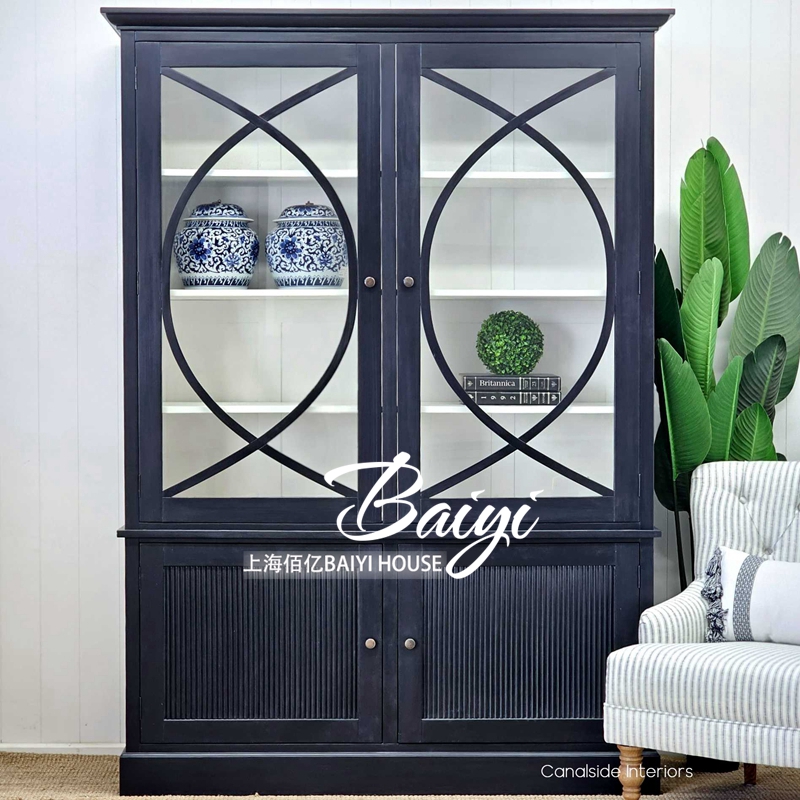 法式两门书柜轻奢风组合陈列柜美式实木客厅储物柜酒柜展示柜边柜