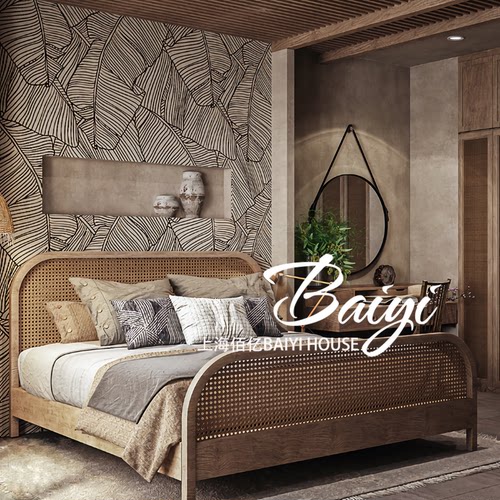 佰亿美式乡村复古做旧藤艺床