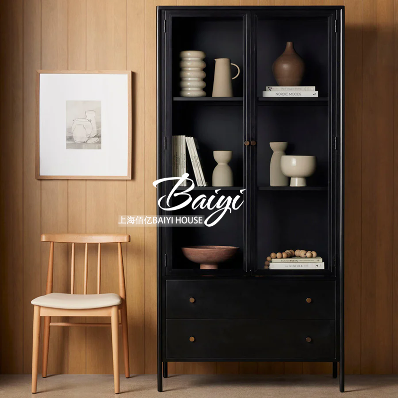 美式轻奢实木书柜客厅落地书架酒柜黑色玻璃门法式复古两门展示柜
