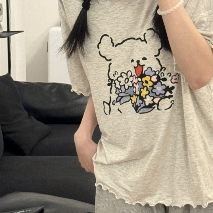 宽松休闲夏季新款韩版少女青春睡衣套装带胸垫可外穿家居服印花狗