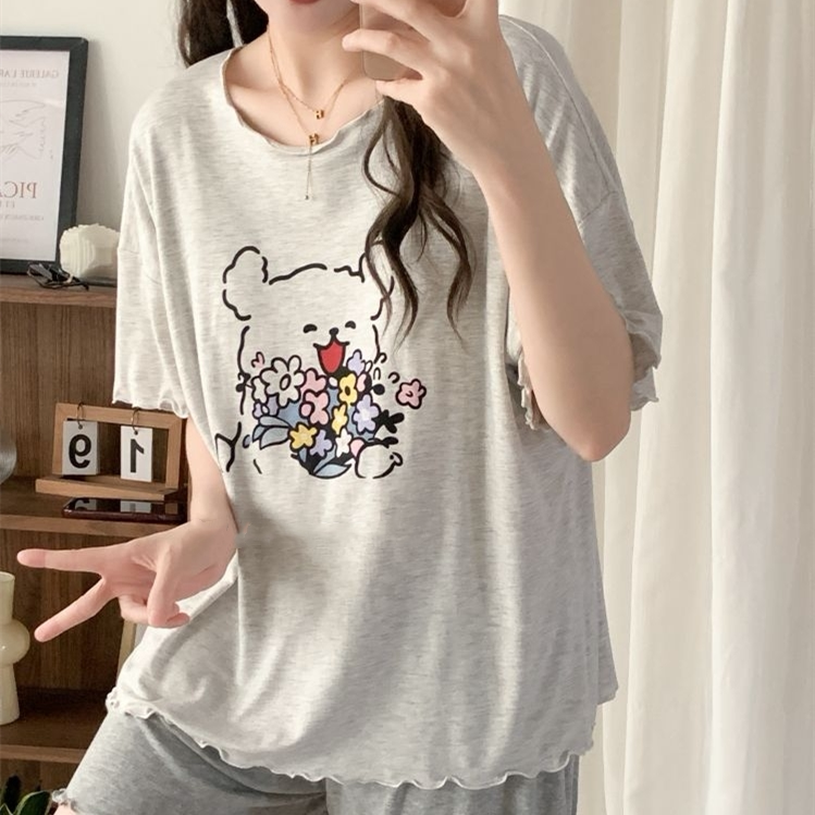 韩版夏季新款睡衣女套装短袖短裤两件套套装带胸垫印花小狗家居服