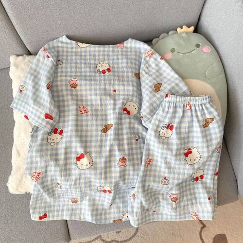 卡通可爱睡衣女夏季云朵棉短袖短裤少女圆领夏天可外穿家居服套装