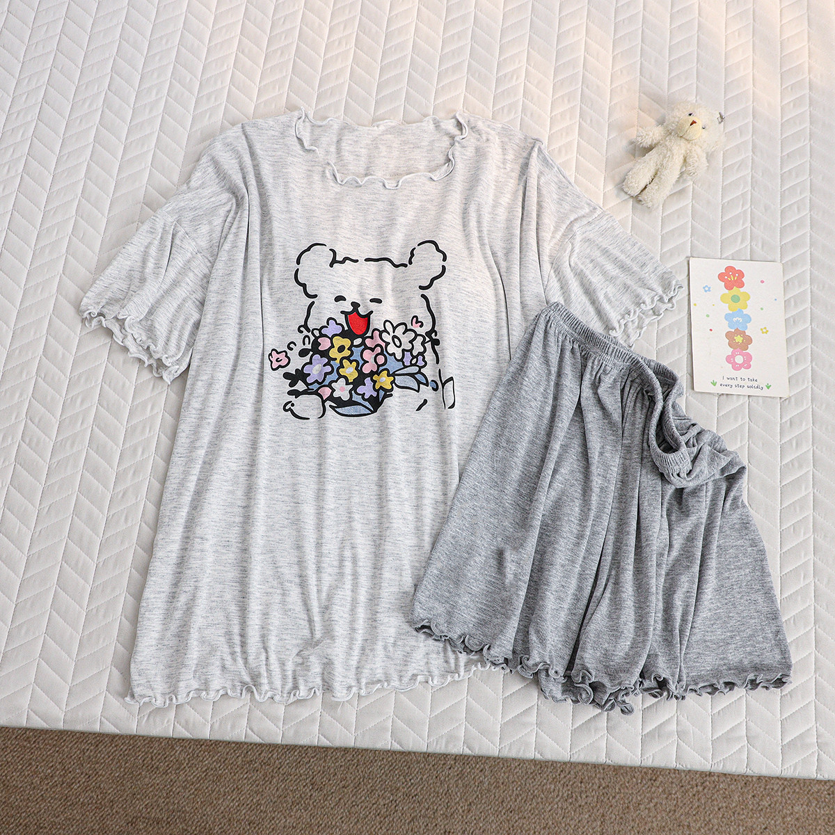 夏季新款短袖少女睡衣套装带胸垫可外穿家居服休闲风印花卡通动物