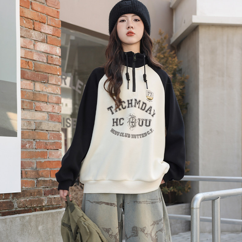 骄骄虎女大童加绒卫衣2025冬季新款初中生洋气一体绒立领上衣7421