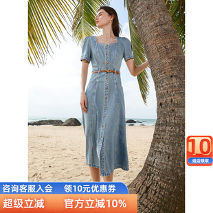 三彩2024春季 法式 牛仔連衣裙方領(lǐng)泡泡袖 收腰A字裙長裙復(fù)古女M 新款