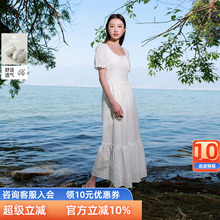 三彩若潮大码女装2025夏季新款全棉方领连衣裙高腰短袖绣花胖MM女
