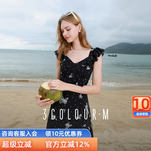 新款 三彩2025夏季 蝴蝶波点连衣裙荷叶边鱼尾裙浪漫长裙M女