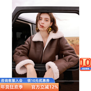 三彩ibudu2024冬季新款颗粒绒PU仿皮环保皮草毛绒外套夹克女