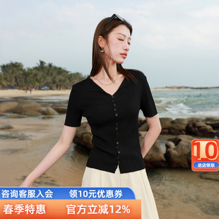 女装 短袖 2025秋季 休闲针织衫 V领上衣坑条设计感胖MM 新款 三彩大码