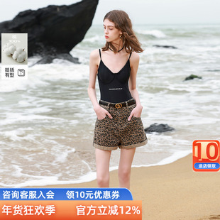 三彩ibudu2025夏季新款宽松高腰豹纹牛仔裤纯棉阔腿裤翻边短裤女