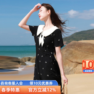 新款 2026夏季 娃娃领连衣裙收腰蝴蝶结绣花胖MM 女装 三彩若潮大码