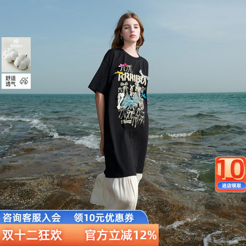 三彩ibudu2025夏季新款蝴蝶结连衣裙拼接T恤裙长款宽松女