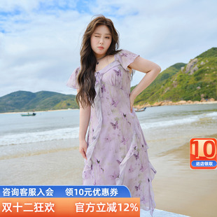 女装 方领雪纺印花连衣裙短袖 2025夏季 法式 荷叶边 新款 三彩若潮大码