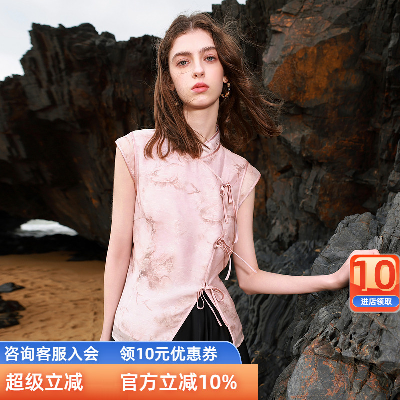 三彩ibudu2025夏季新款新中式小衫立领系带上衣印花衬衣小众女