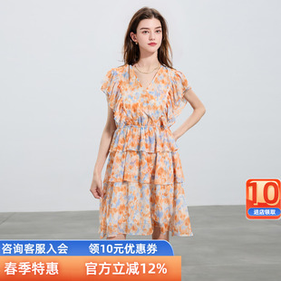 度假风连衣裙松紧腰碎花荷叶边裙女 法式 三彩ibudu2025夏季 新款