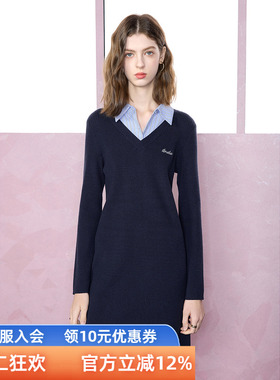 三彩ibudu2025秋季新款学院风假两件针织连衣裙字母绣花短裙女