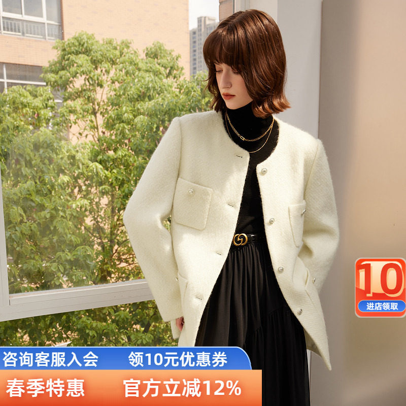 三彩2024冬新款香风外套绵羊毛夹棉毛呢大衣中长正肩圆领优雅女S