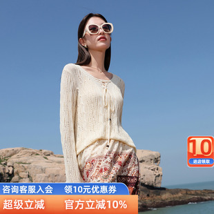 女装 新款 三彩若潮大码 2025秋季 胖MM 绑带V领毛针织衫 镂空上衣长袖