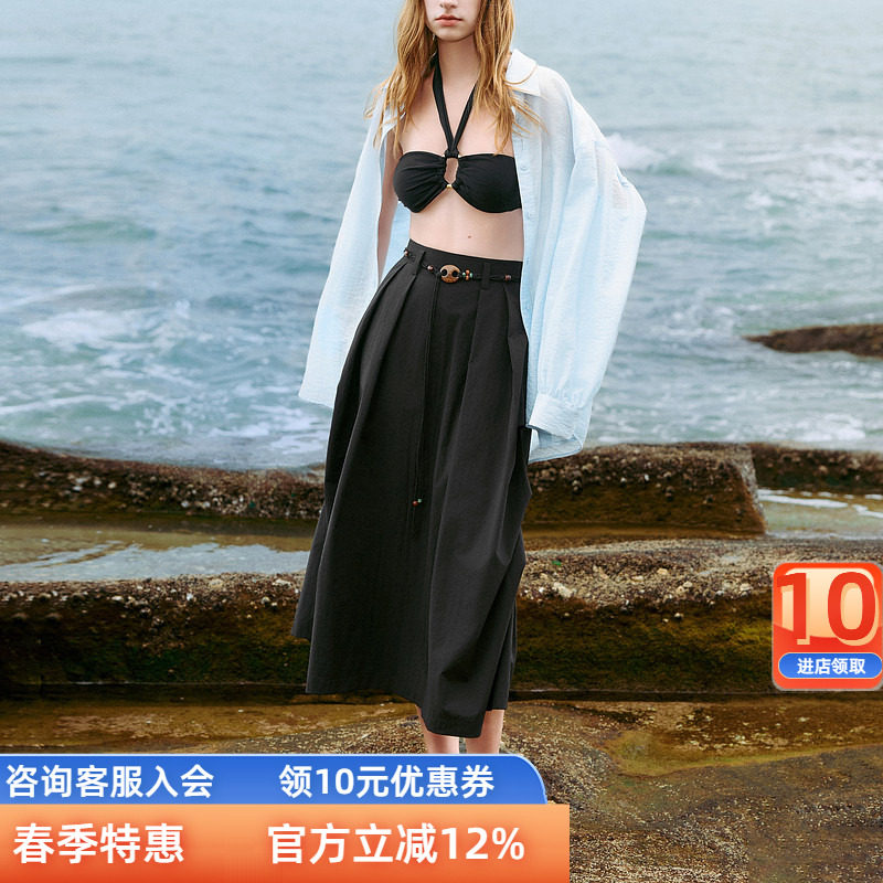 三彩ibudu2025夏季新款黑色半身裙立体打褶A字裙伞裙长裙女